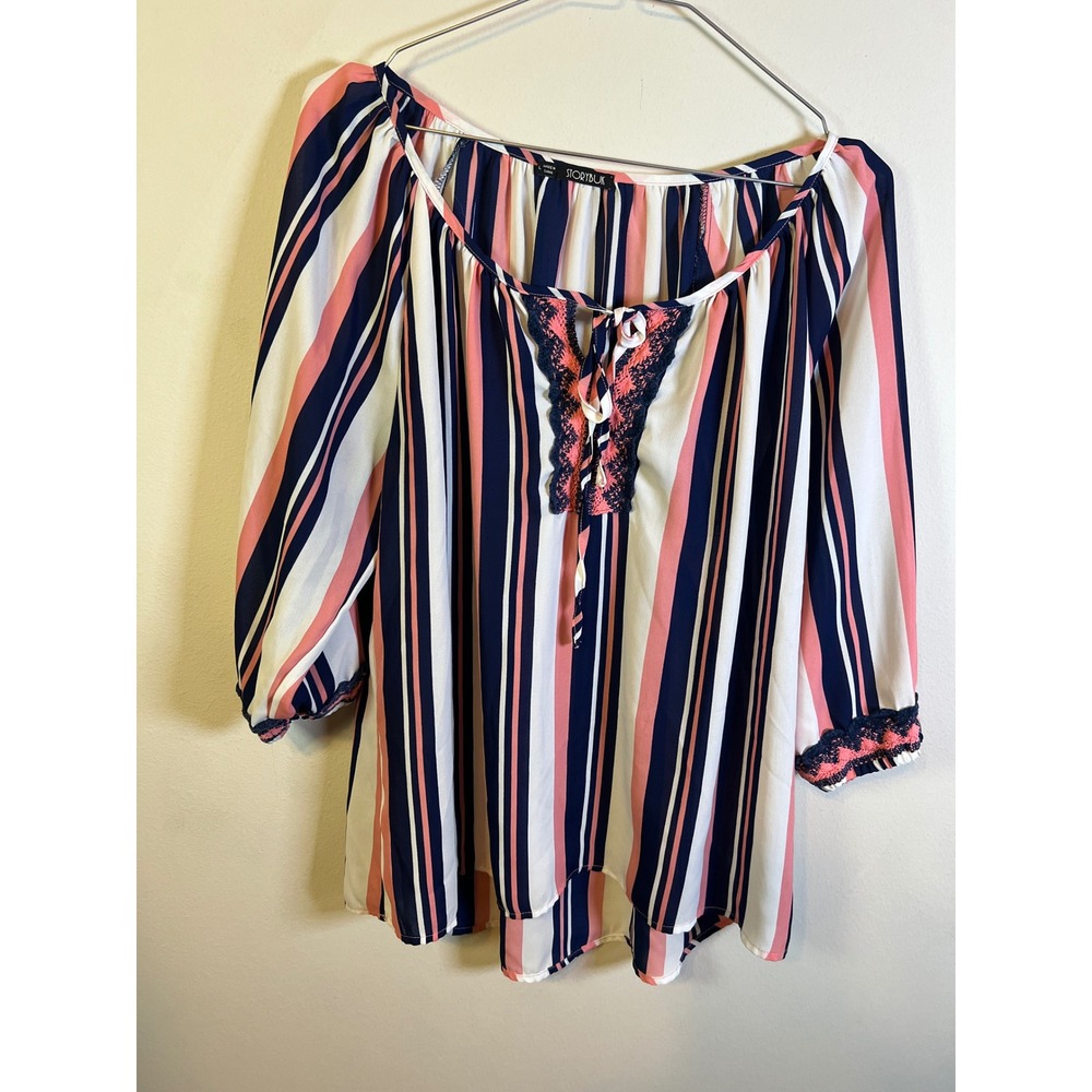 Storybuk Womens Blouse Embroidered Lace Trim Striped‎ Pink Navy Large